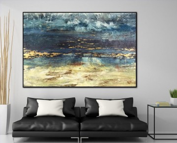 Landscapes Painting - Navy Blue and Gold Abstract Landscape